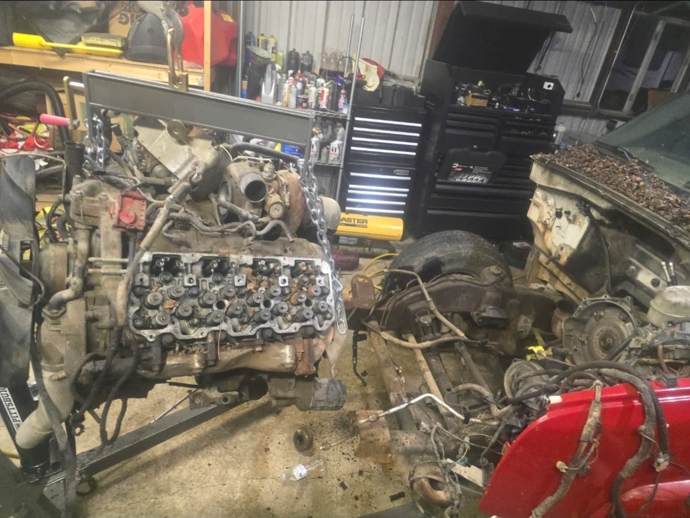 Engine assembly being serviced in a workshop