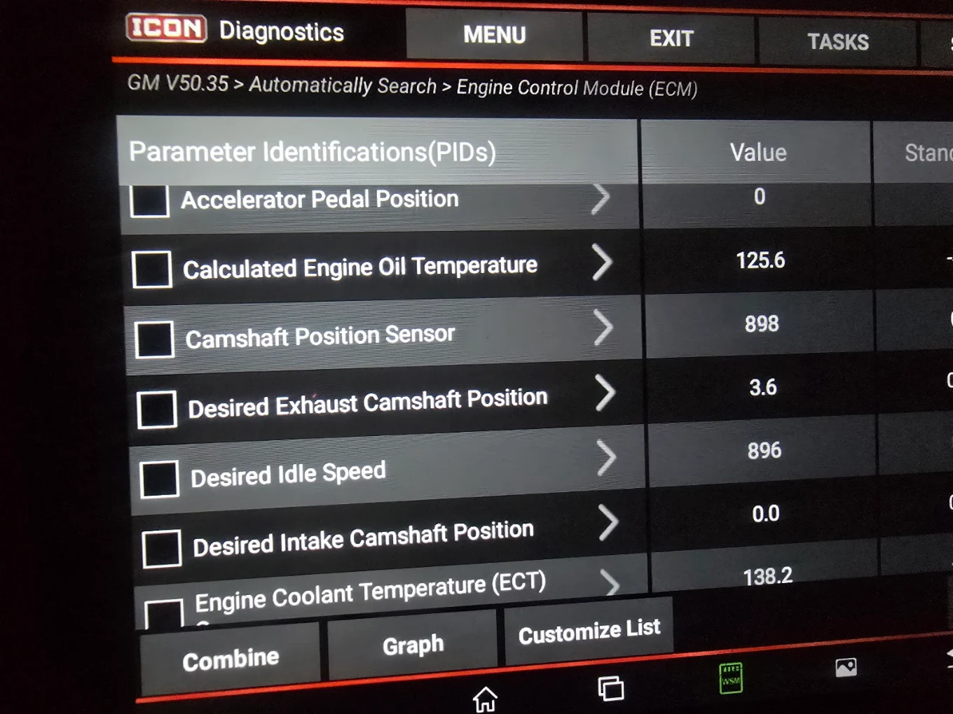 Live engine data displayed on a diagnostic scan tool