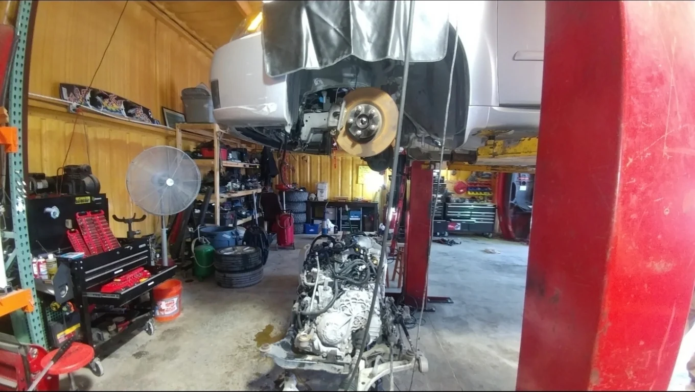 Engine and parts in a workshop
